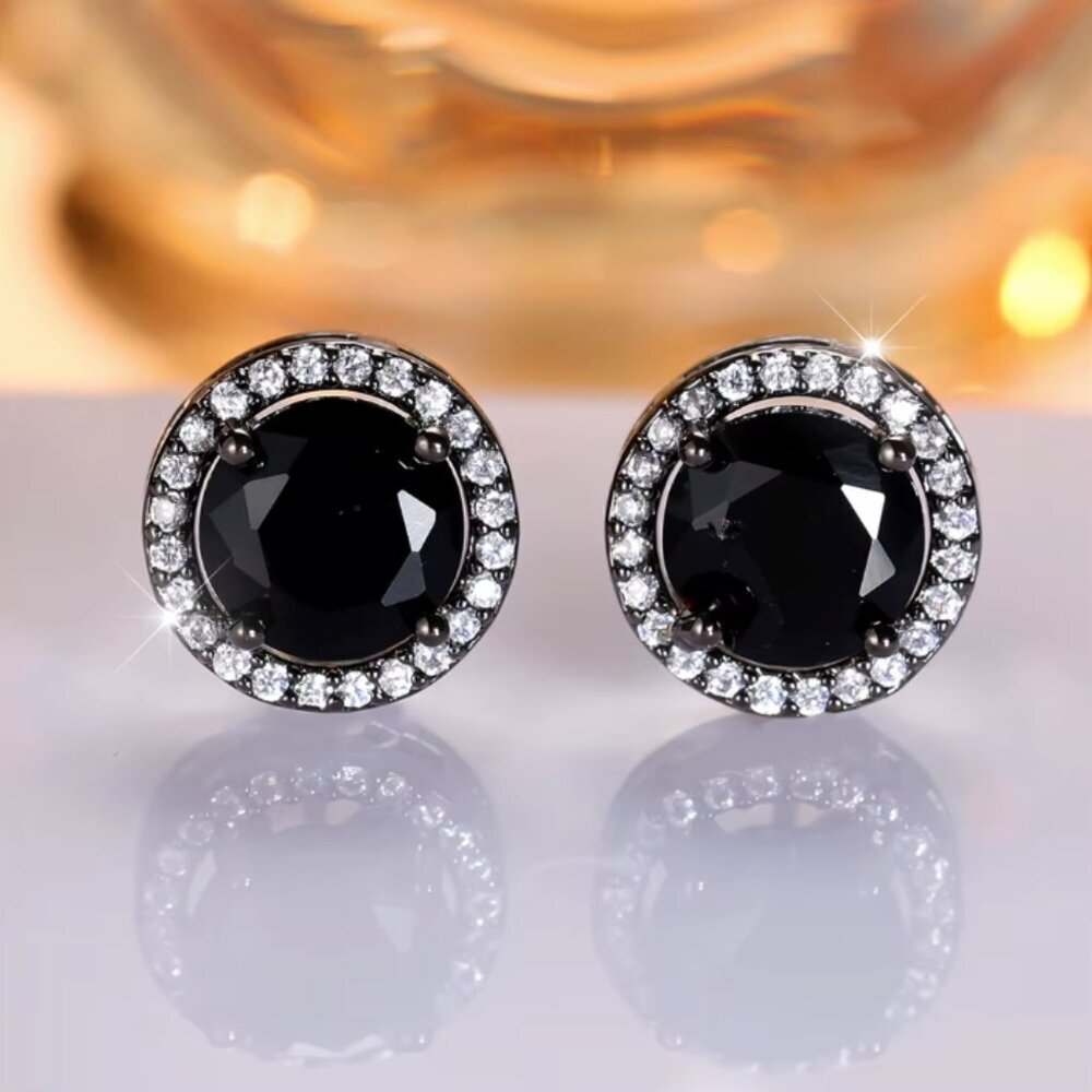 NEW 14k Black Gold Black Sapphire Diamond Stud Earrings Round Cut - Picture 6 of 6